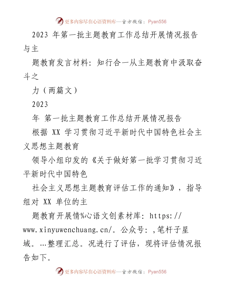 [工作总结] 主题教育 - 2023年第一批主题教育工作总结与评估报告.docx_第1页