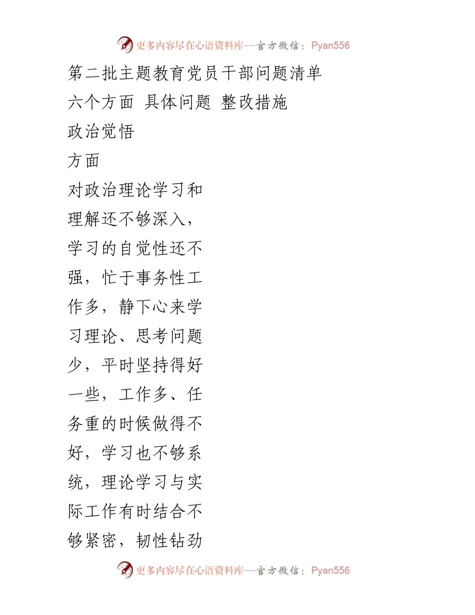 [工作总结] 主题教育 - 第二批主题教育党员干部问题清单及整改措施.docx_第1页