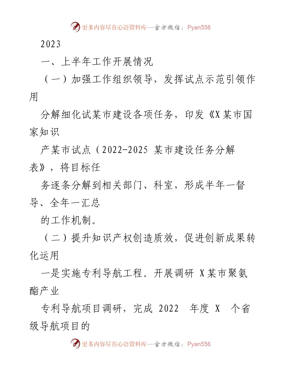 [工作总结] 上半年工作汇报 - 2023年某市知识产权工作总结与成效分析.docx_第1页