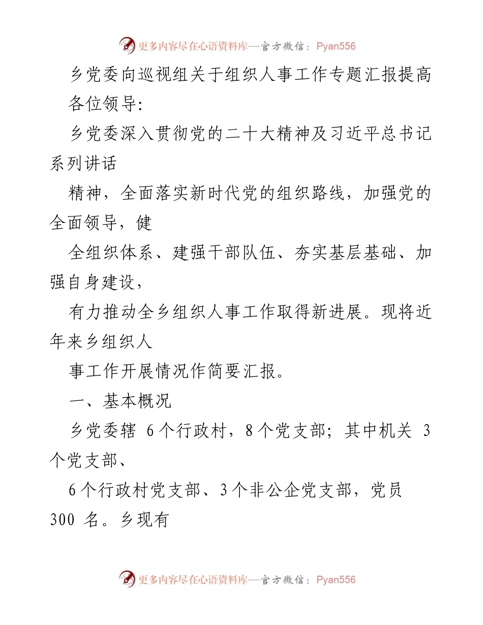 [工作总结] 乡党委 - 乡党委组织人事工作专题汇报及进展情况.docx_第1页