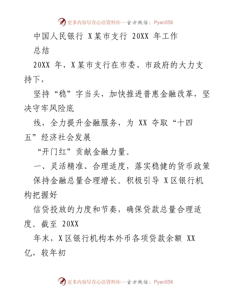 [工作总结] 中国人民银行 X某市支行 - 20XX年金融服务与风险防控工作总结.docx_第1页