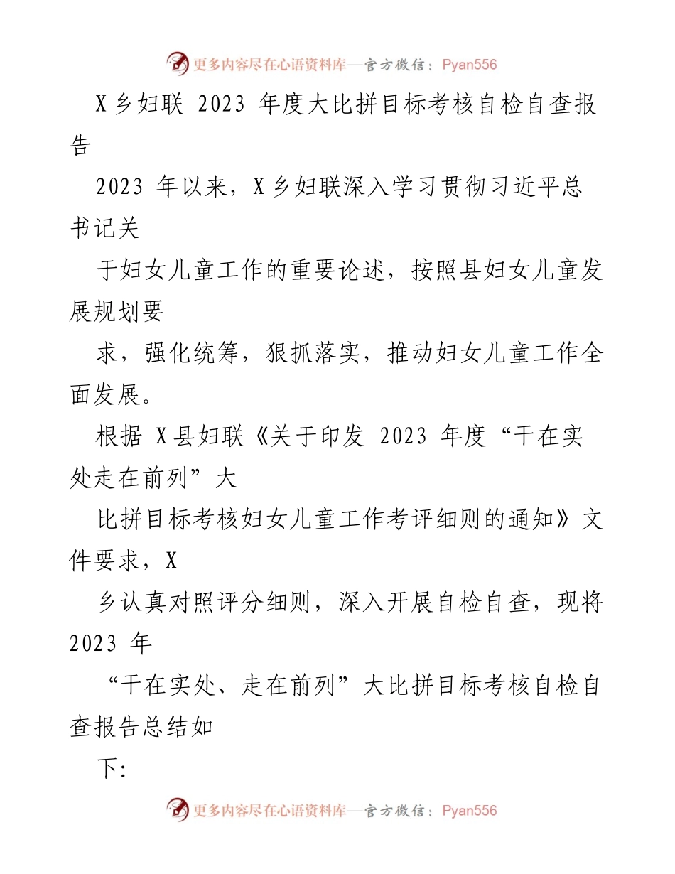 [工作总结] X乡妇联年度考核 - 2023年度妇女儿童工作自检自查报告.docx_第1页