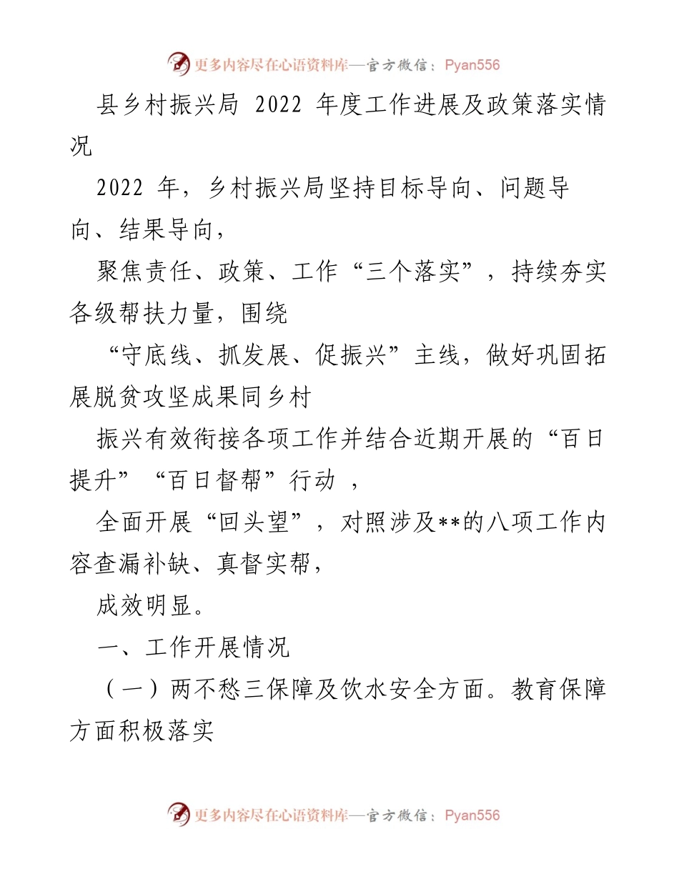 [工作总结] 乡村振兴局 - 2022年度乡村振兴工作进展与政策落实情况.docx_第1页