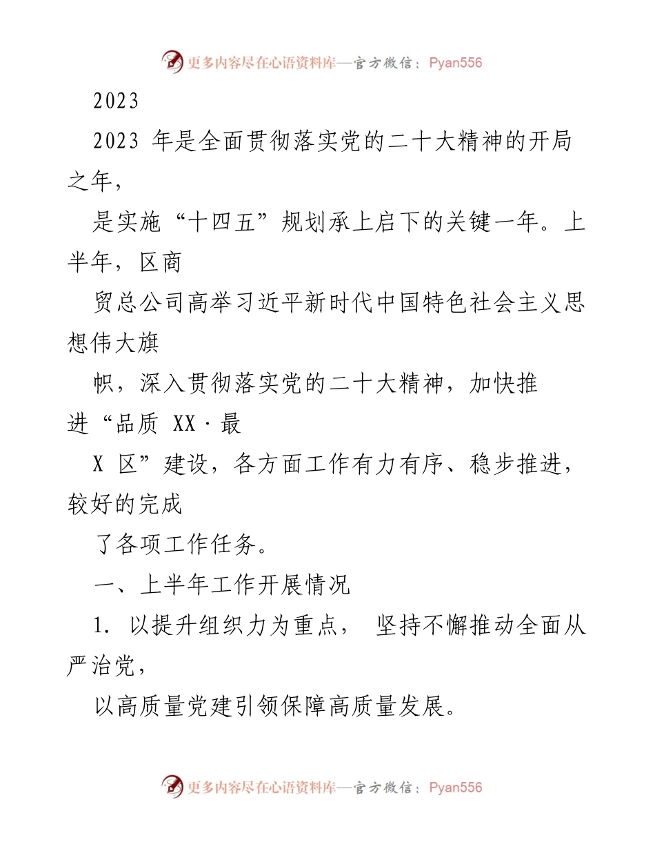 [工作总结] 上半年工作汇报 - 2023年区商贸总公司上半年工作总结与党建成效分析.docx_第1页
