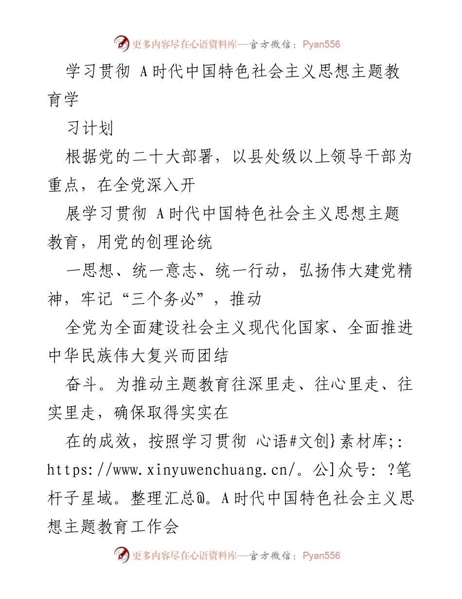 [工作总结] 主题教育 - 学习贯彻A时代中国特色社会主义思想主题教育工作安排.docx_第1页