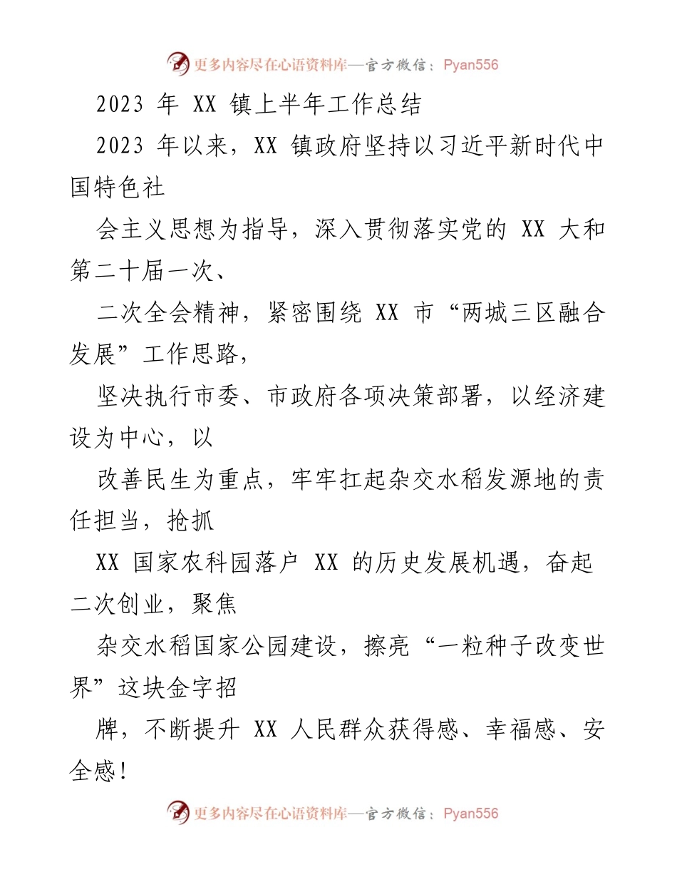 [工作总结] XX镇 - 2023年上半年工作总结报告.docx_第1页