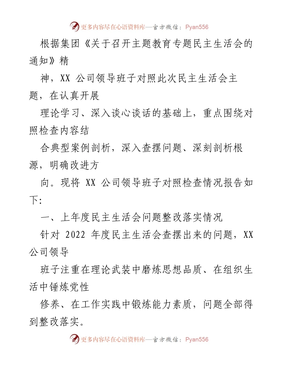 [工作总结] 主题教育专题民主生活会 - XX 公司领导班子对照检查情况报告.docx_第1页