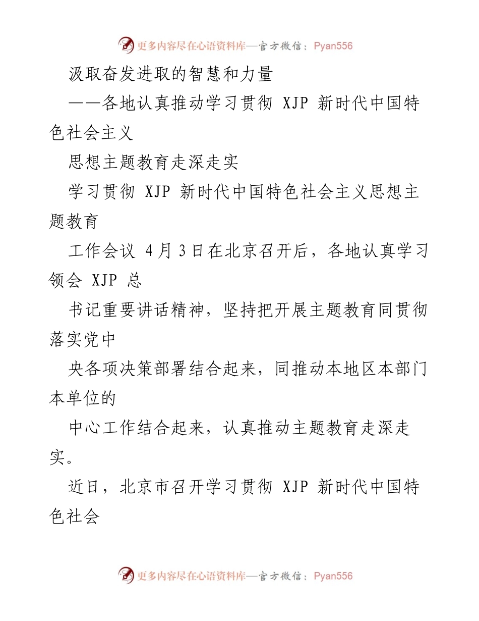 [工作总结] 主题教育工作会议 - 各地推动学习贯彻 XJP 新时代中国特色社会主义思想主题教育的实践与成效.docx_第1页