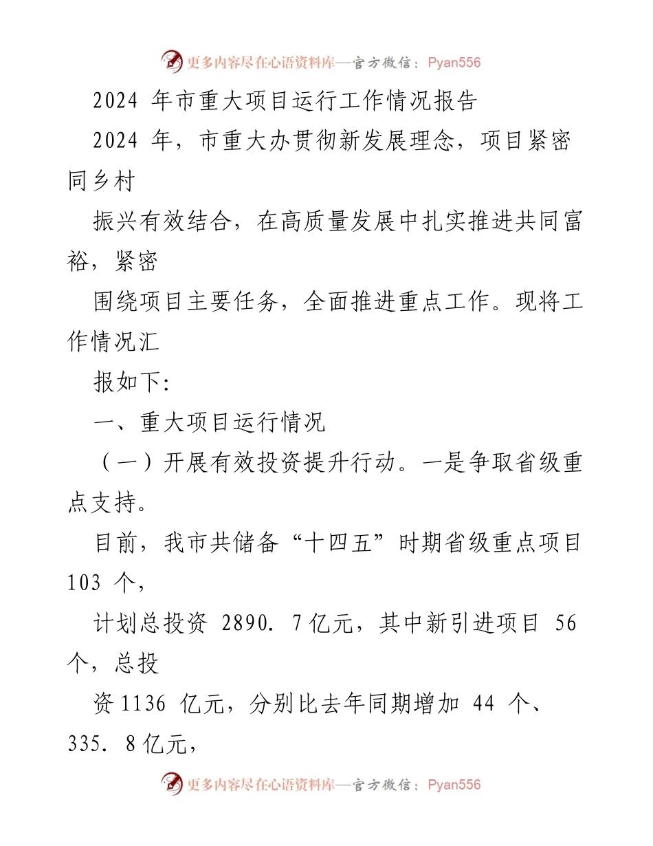 [工作总结] 2024年市重大项目运行工作情况 - 重大项目推进与经济高质量发展报告.docx_第1页