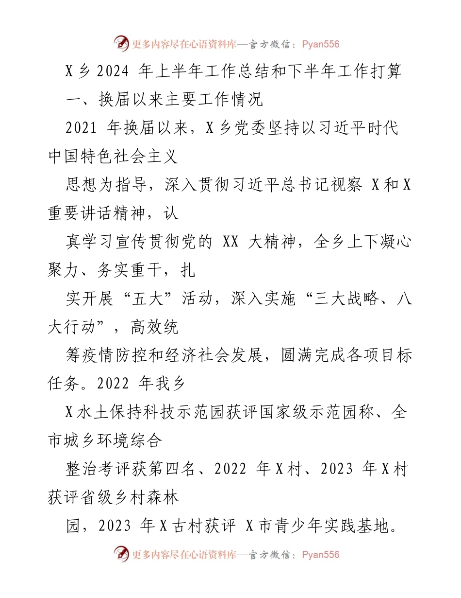[工作总结] 乡镇工作 - X乡2024年上半年工作总结与下半年工作规划.docx_第1页