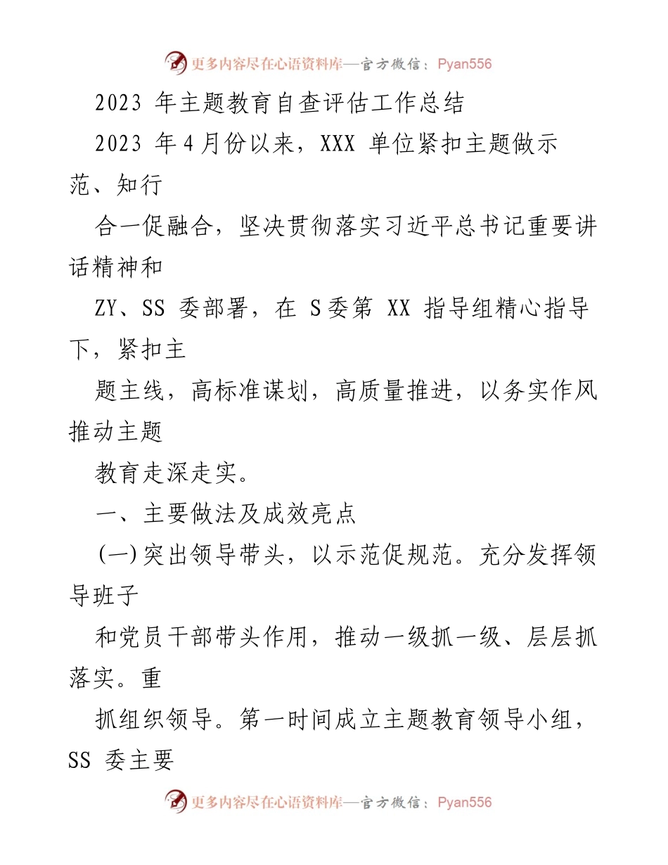 [工作总结] 主题教育 - 2023年主题教育自查评估工作总结.docx_第1页