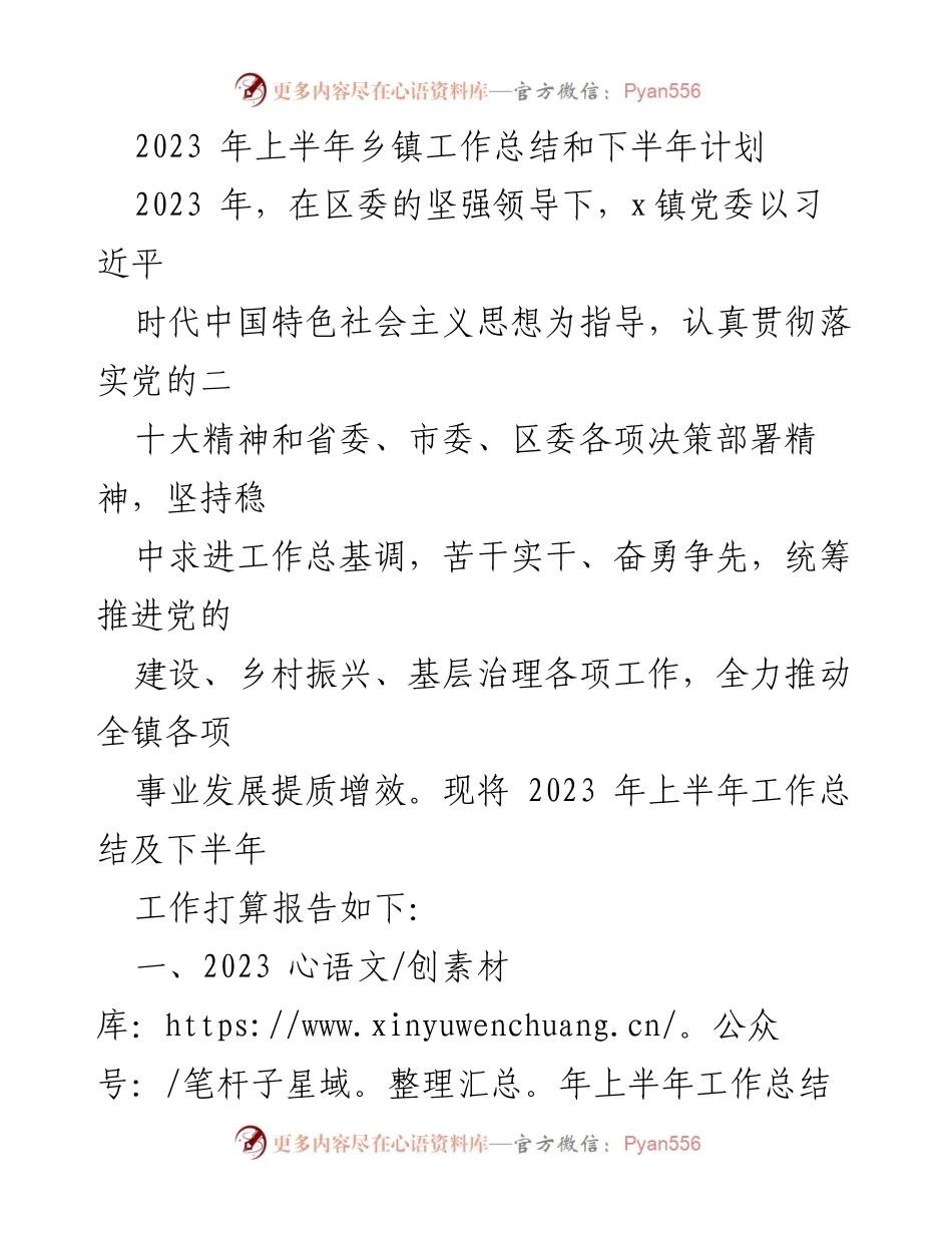 [工作总结] 乡镇工作 - 2023年上半年乡镇工作总结与下半年计划.docx_第1页