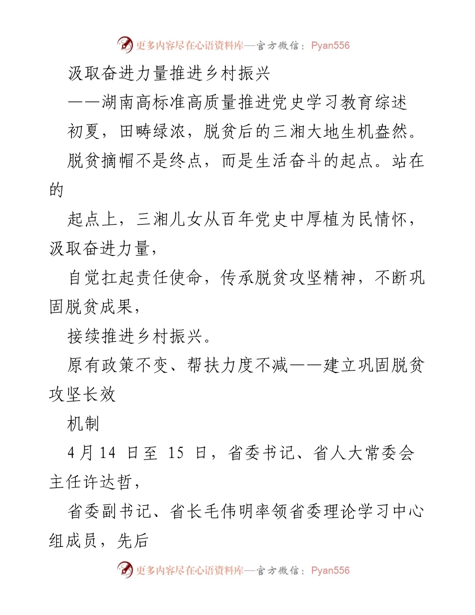 [工作总结] 乡村振兴推进 - 汲取党史力量，持续推进湖南乡村振兴工作.docx_第1页