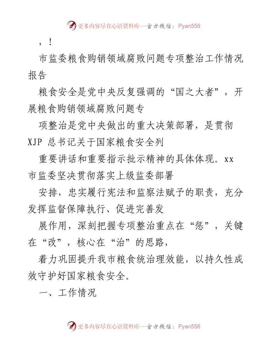 [工作总结] xx市粮食购销领域腐败问题专项整治工作情况报告.docx_第1页