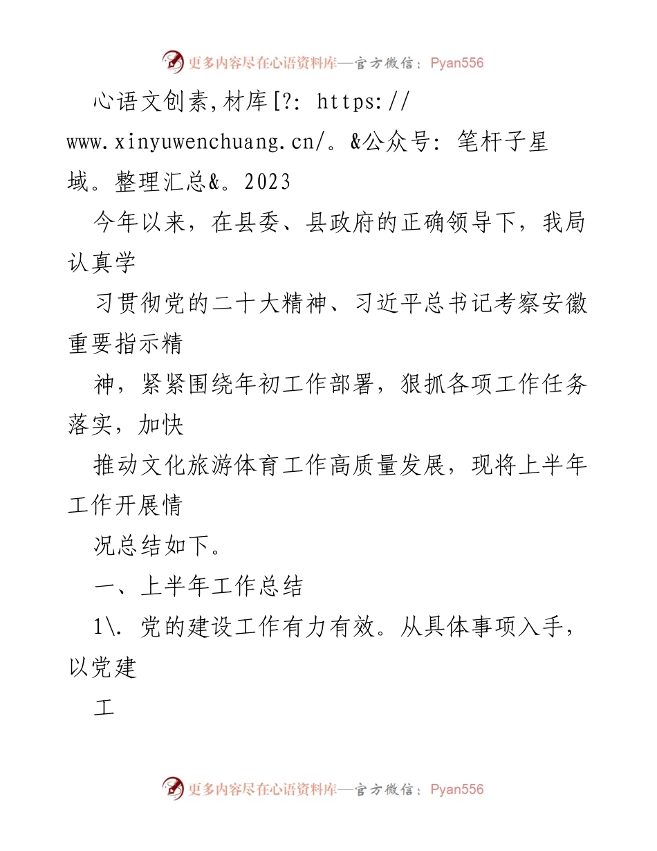 [工作总结] 上半年工作总结 - 2023年文化旅游体育工作推进情况总结.docx_第1页