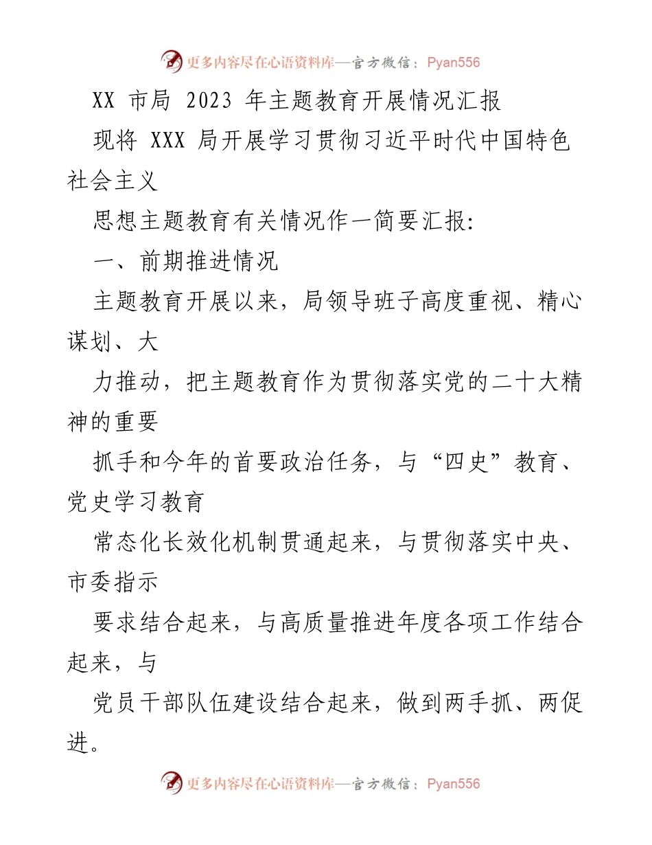 [工作总结] XX市局 - 2023年主题教育开展情况汇报.docx_第1页