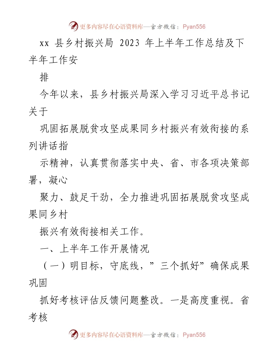 [工作总结] 乡村振兴局 - 2023年上半年乡村振兴工作总结及下半年安排.docx_第1页