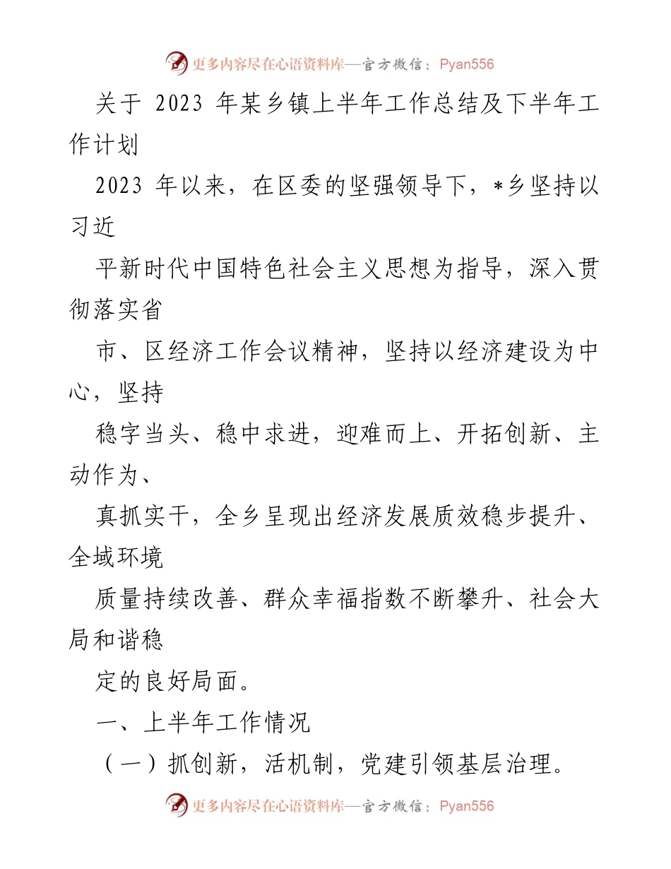 [工作总结] 乡镇工作会议 - 2023年某乡镇上半年工作总结与下半年计划.docx_第1页