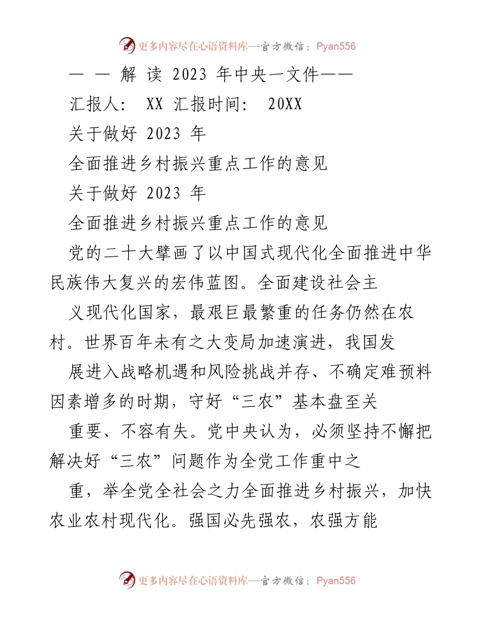 [工作总结] 乡村振兴 - 解读2023年中央一文件关于全面推进乡村振兴的重点工作意见.docx_第1页