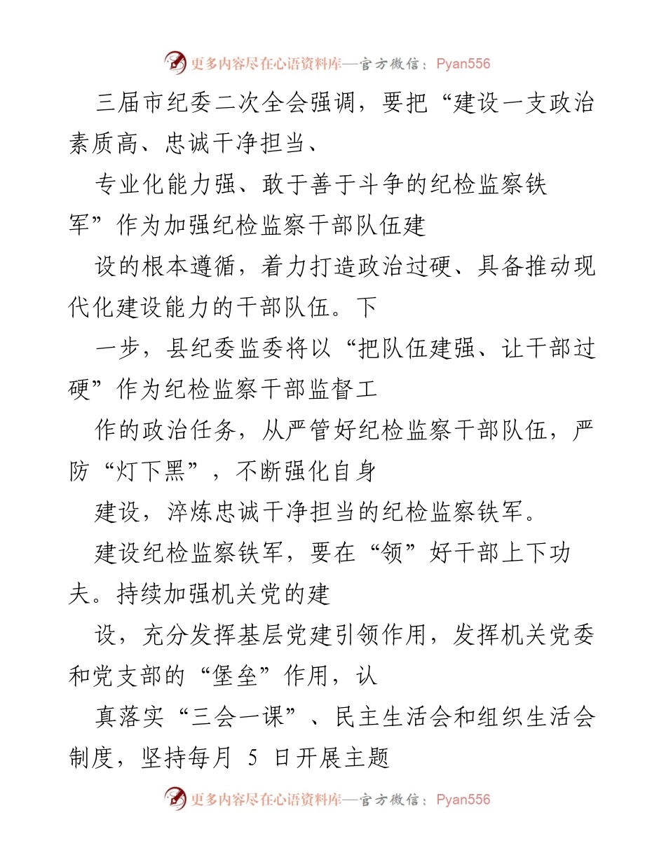 [工作总结] 三届市纪委二次全会 - 加强纪检监察干部队伍建设的实施方案.docx_第1页