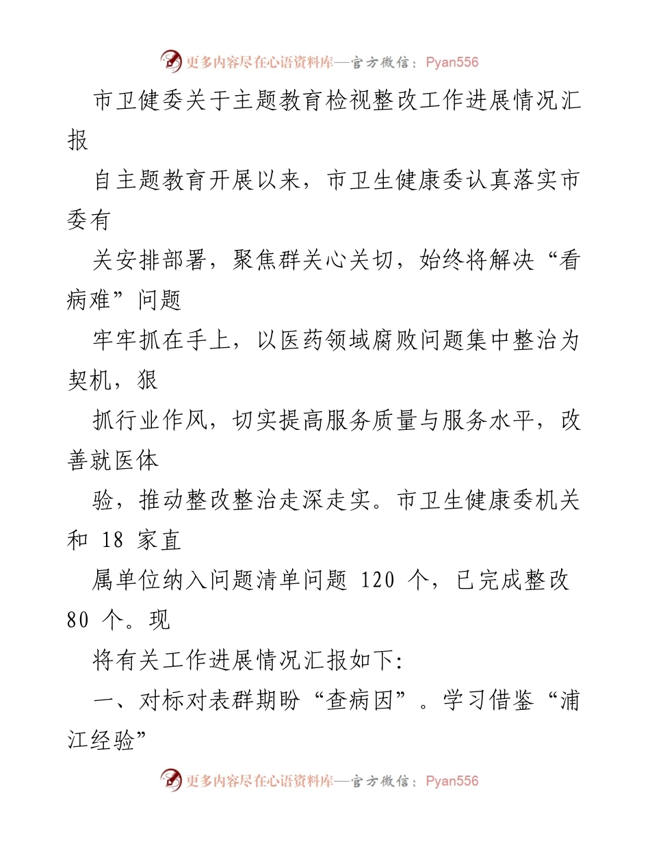 [工作总结] 主题教育检视整改 - 市卫健委主题教育整改工作进展情况汇报.docx_第1页
