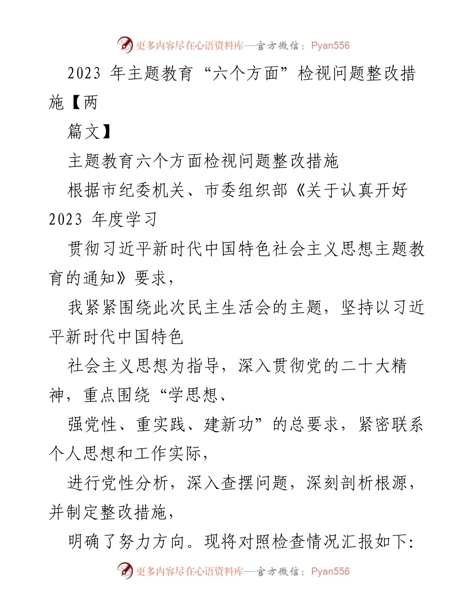 [工作总结] 主题教育 - 2023年主题教育问题整改措施汇报.docx_第1页