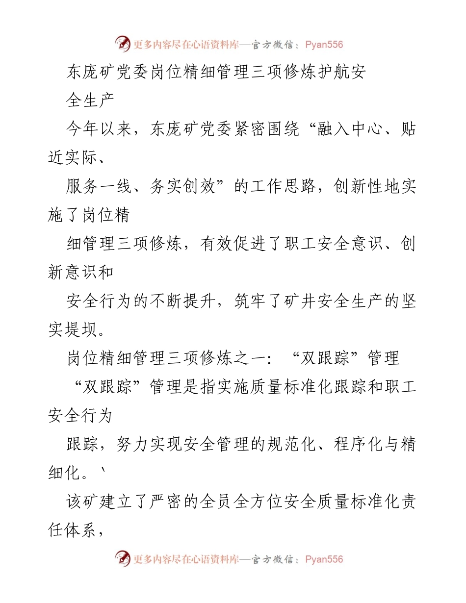 [工作总结] 东庞矿 - 岗位精细管理三项修炼助力安全生产.docx_第1页