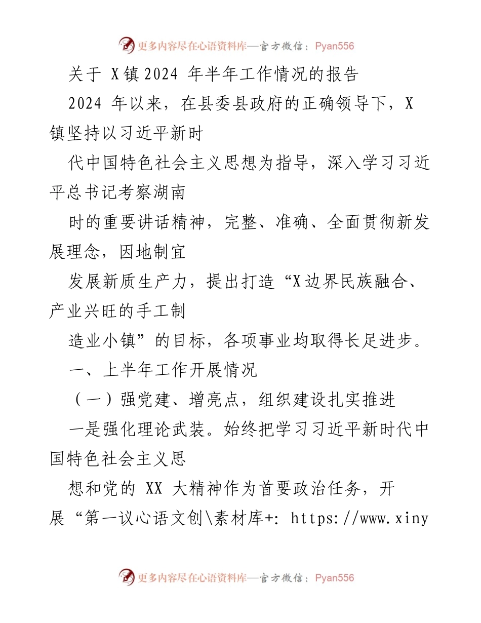 [工作总结] X镇2024年半年工作情况 - X镇上半年工作成效与发展目标报告.docx_第1页