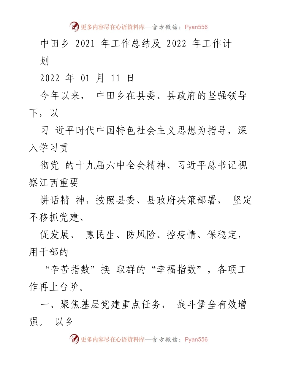 [工作总结] 中田乡 - 2021年工作总结及2022年工作计划.docx_第1页