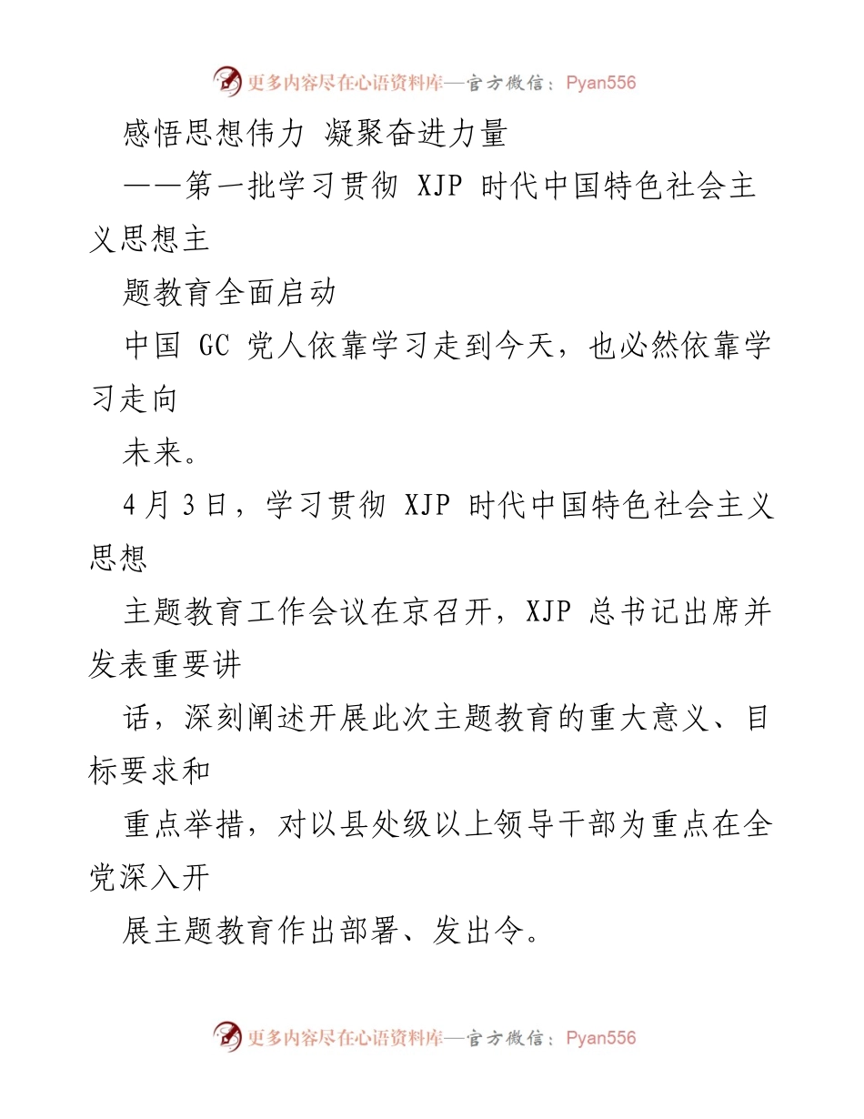 [工作总结] 主题教育启动 - 学习贯彻XJP时代中国特色社会主义思想主题教育全面启动.docx_第1页