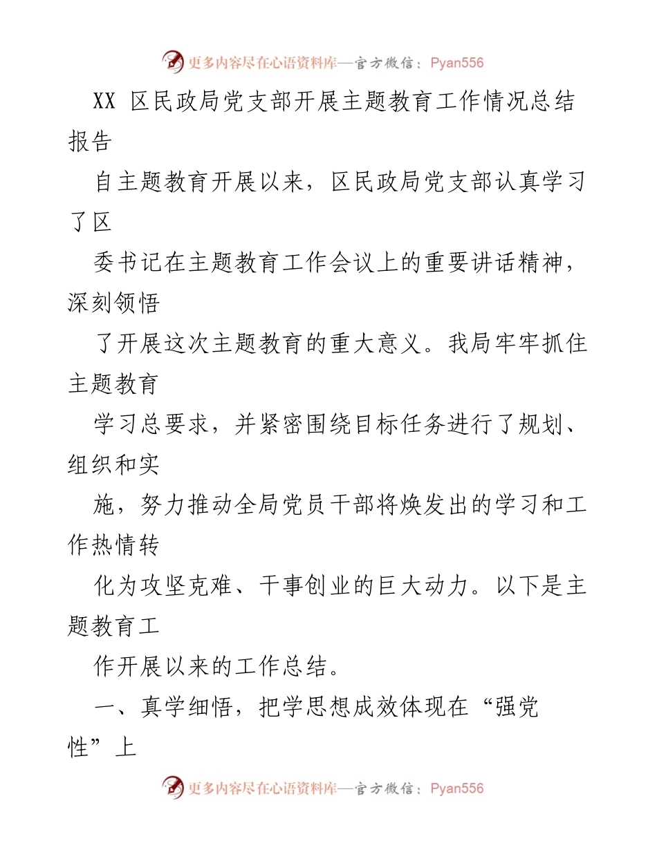 [工作总结] 主题教育 - XX区民政局党支部主题教育工作总结报告.docx_第1页