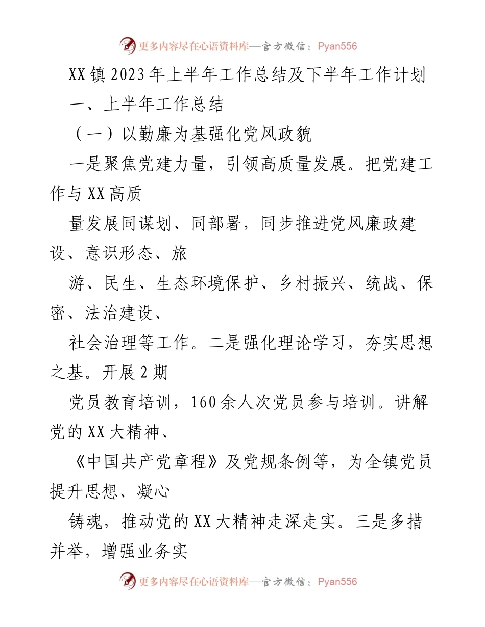 [工作总结] XX镇2023年上半年 - 2023年上半年工作总结及下半年工作计划.docx_第1页