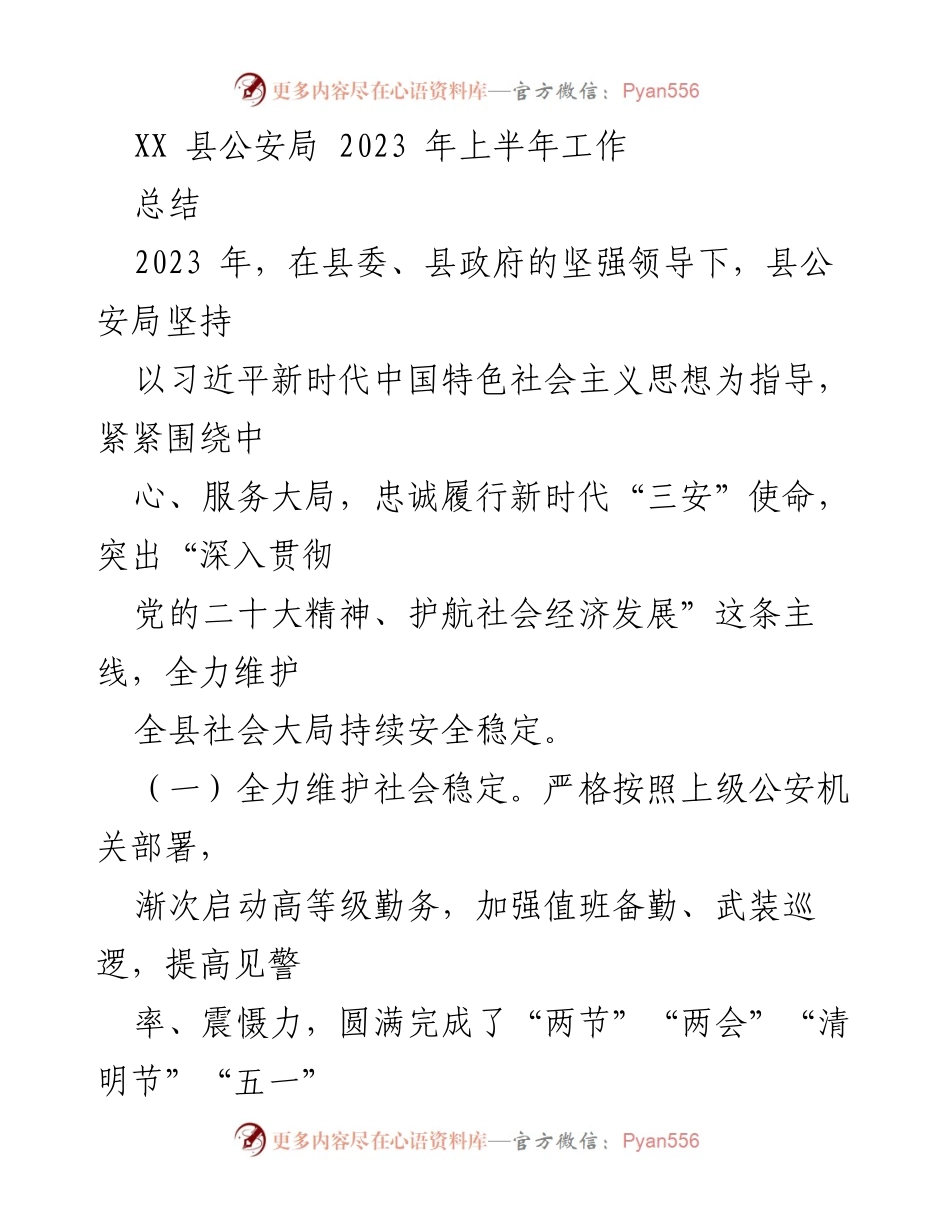 [工作总结] XX县公安局 - 2023年上半年公安工作总结.docx_第1页
