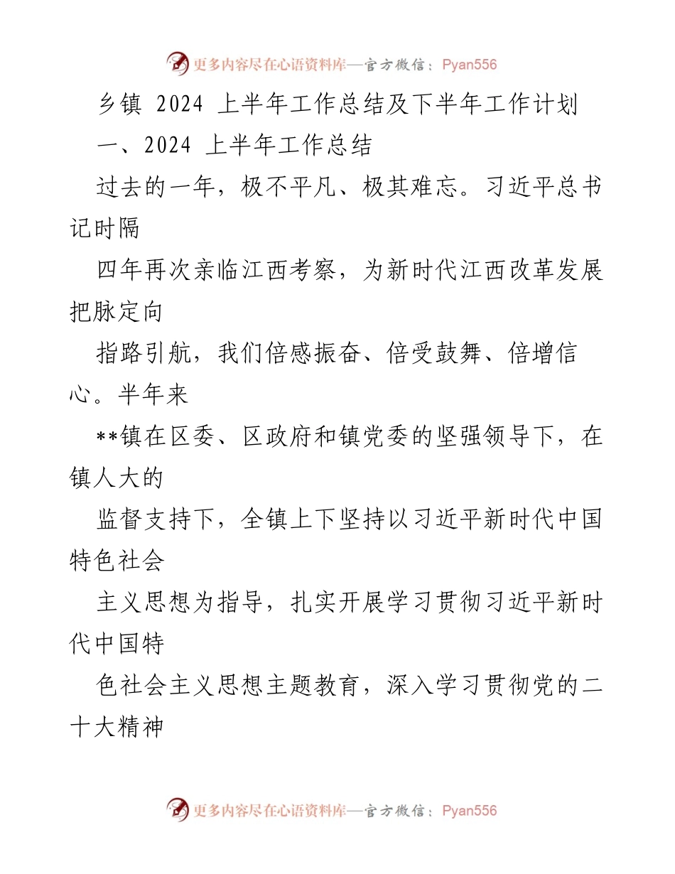 [工作总结] 乡镇 - 2024年上半年工作总结与下半年工作计划_1.docx_第1页
