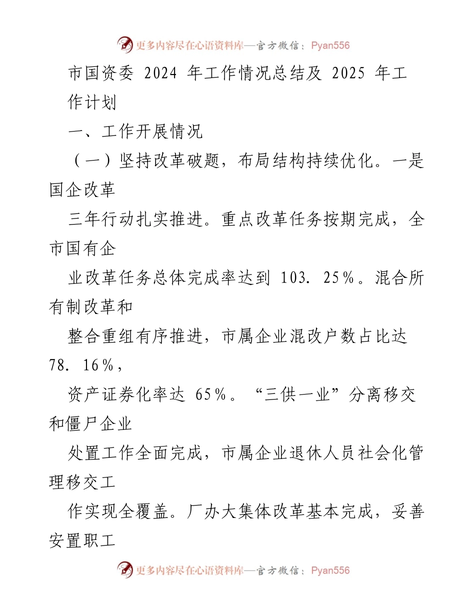 [工作总结] 2024年工作总结与2025年工作计划 - 市国资委工作开展情况及未来发展规划.docx_第1页
