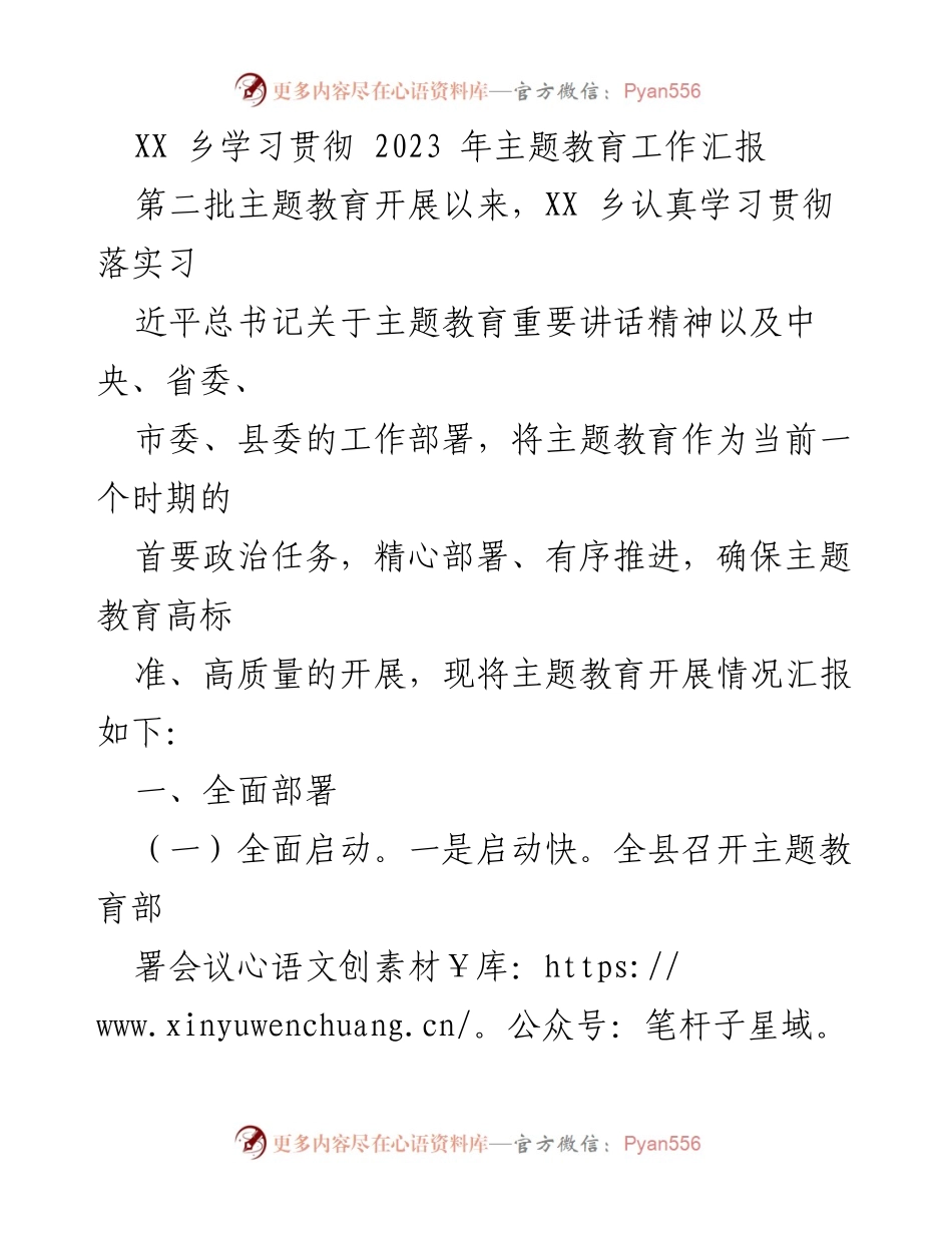 [工作总结] 主题教育 - XX乡2023年主题教育工作汇报_1.docx_第1页