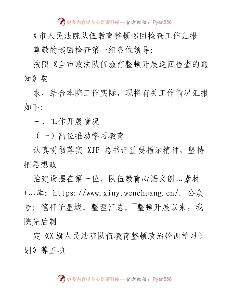 [工作总结] X市人民法院 - X市人民法院队伍教育整顿巡回检查工作汇报.docx_第1页
