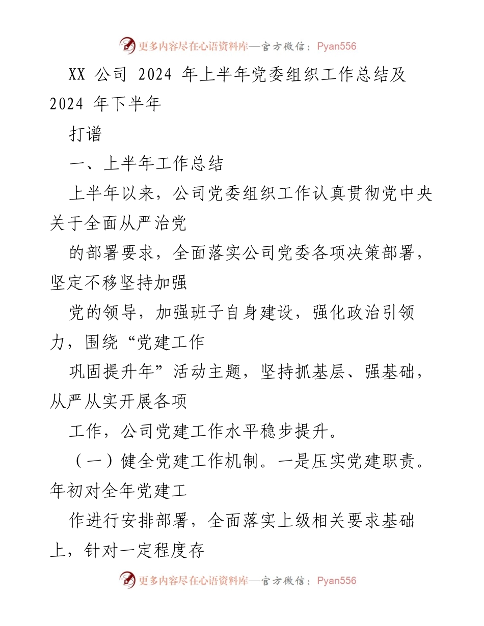 [工作总结] XX 公司党委 - 2024 年上半年党委组织工作总结及下半年计划.docx_第1页