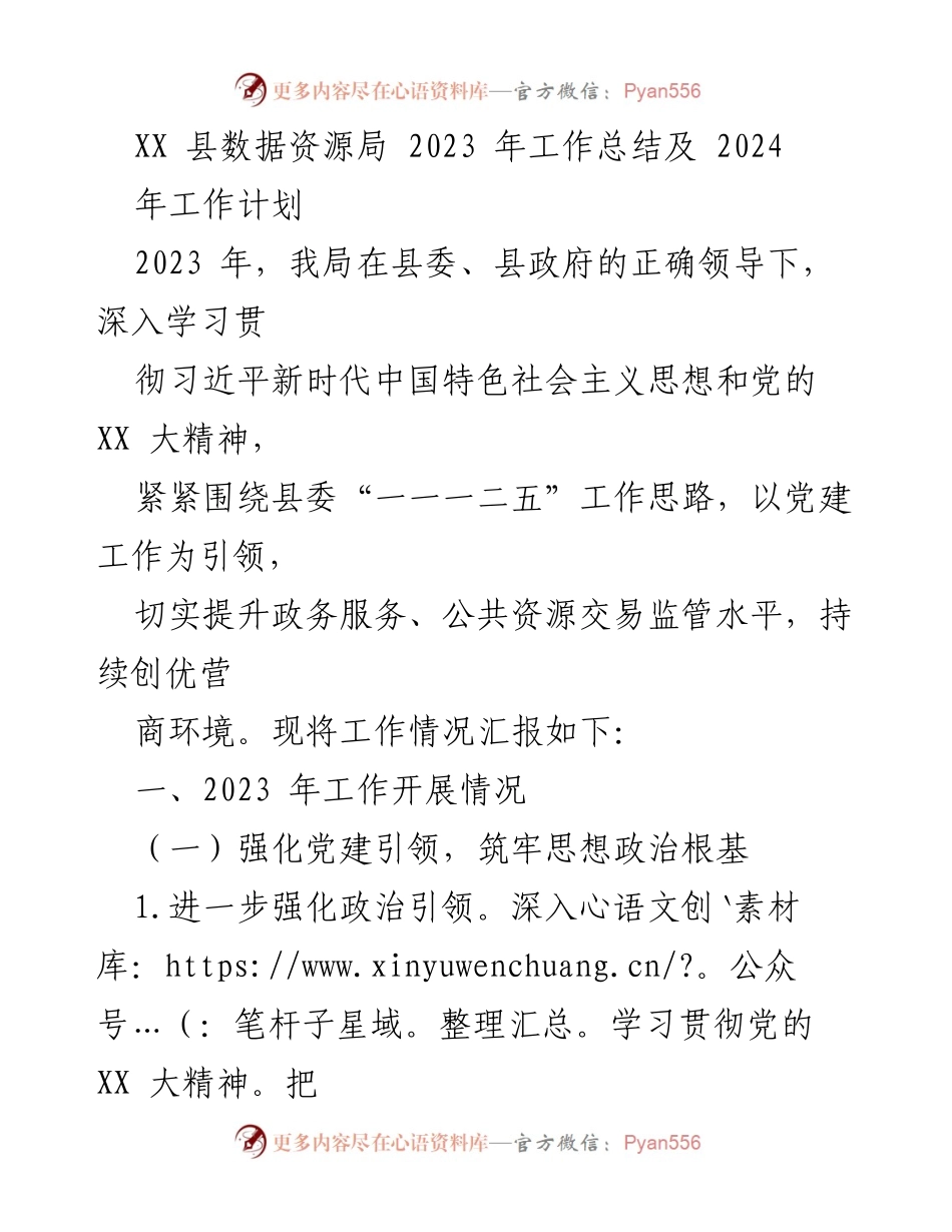 [工作总结] XX县数据资源局 - 2023年工作总结及2024年工作计划.docx_第1页