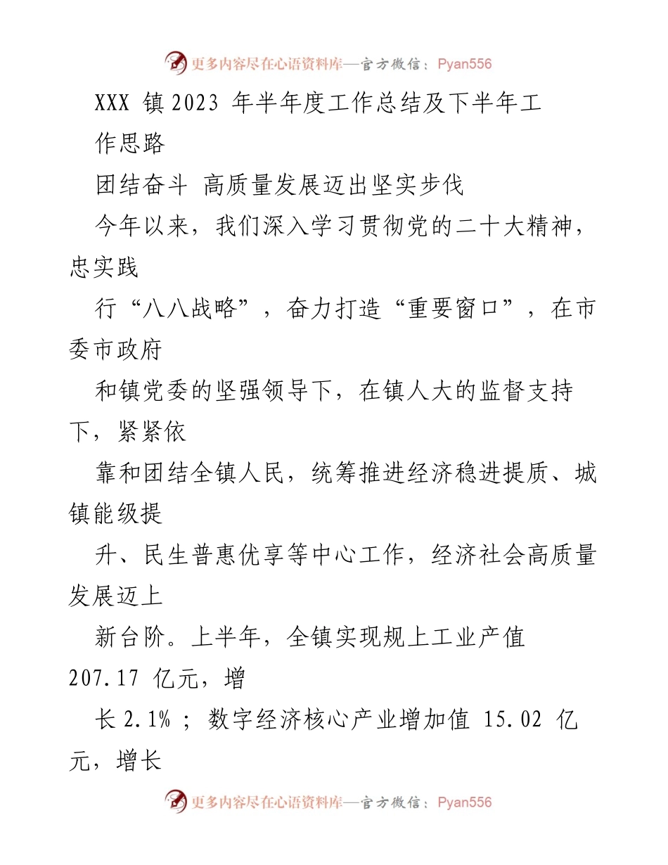 [工作总结] XXX镇2023年半年度 - 团结奋斗，推动高质量发展新进程.docx_第1页
