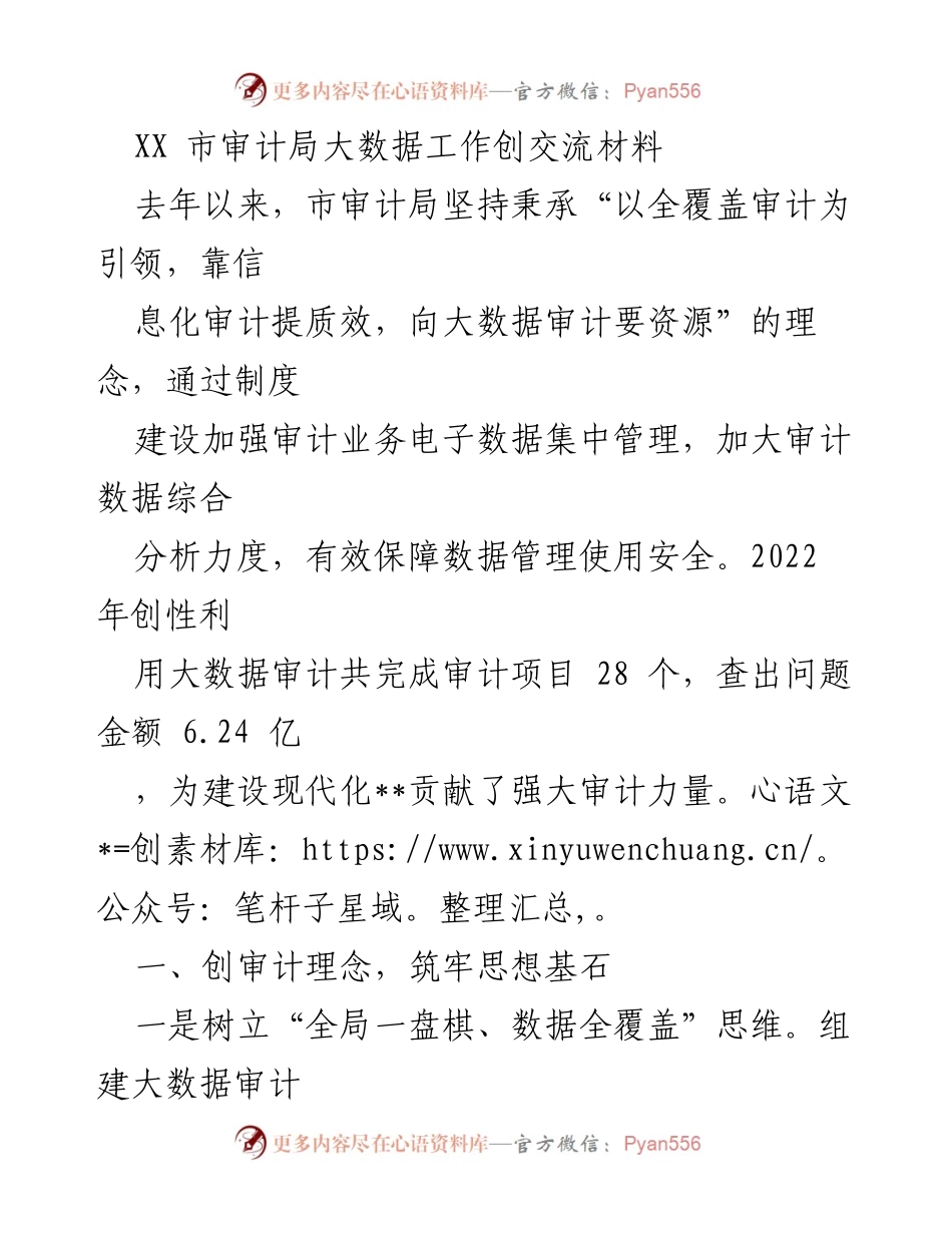 [工作总结] XX市审计局大数据工作交流 - 推动审计效率提升的创新实践.docx_第1页