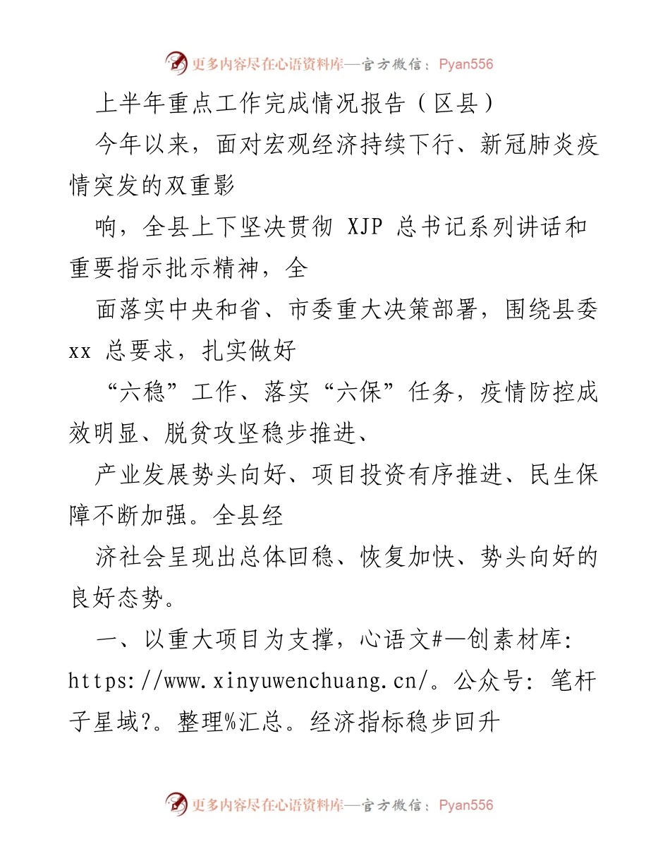 [工作总结] 上半年工作汇报 - 上半年重点工作完成情况报告及经济恢复分析.docx_第1页