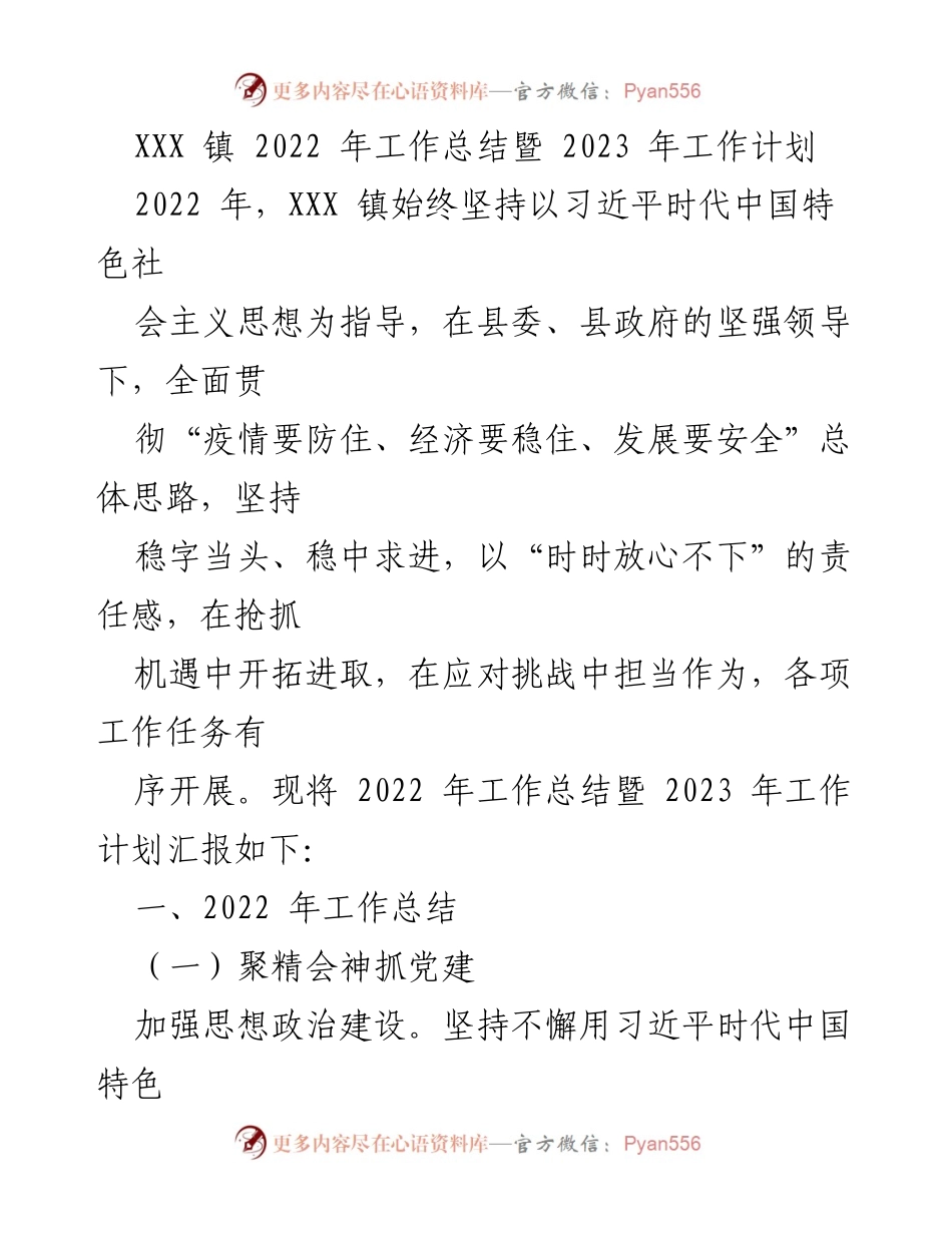 [工作总结] XXX 镇 - 2022 年工作总结暨 2023 年工作计划.docx_第1页