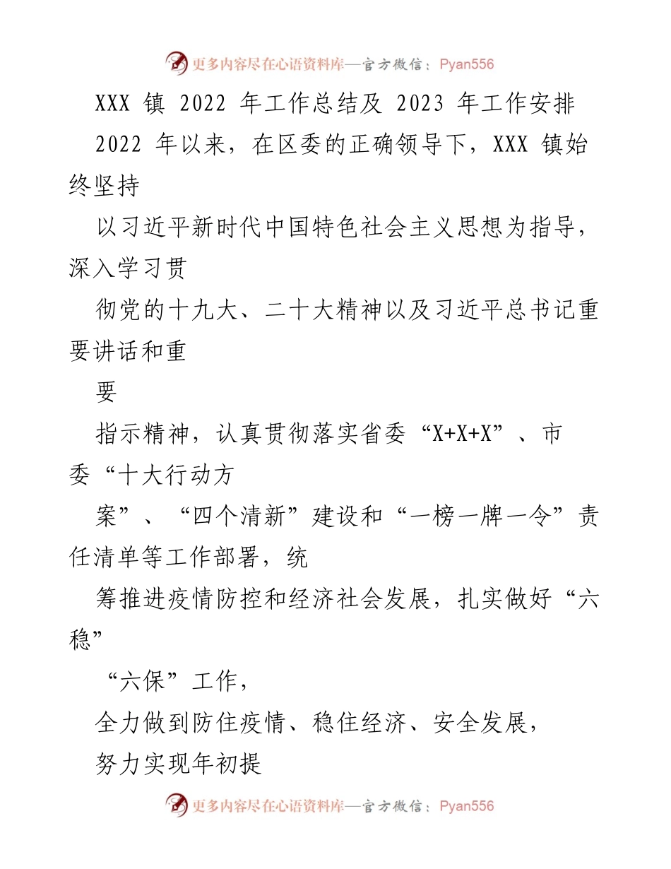 [工作总结] XXX 镇 - 2022 年工作总结及 2023 年工作安排.docx_第1页