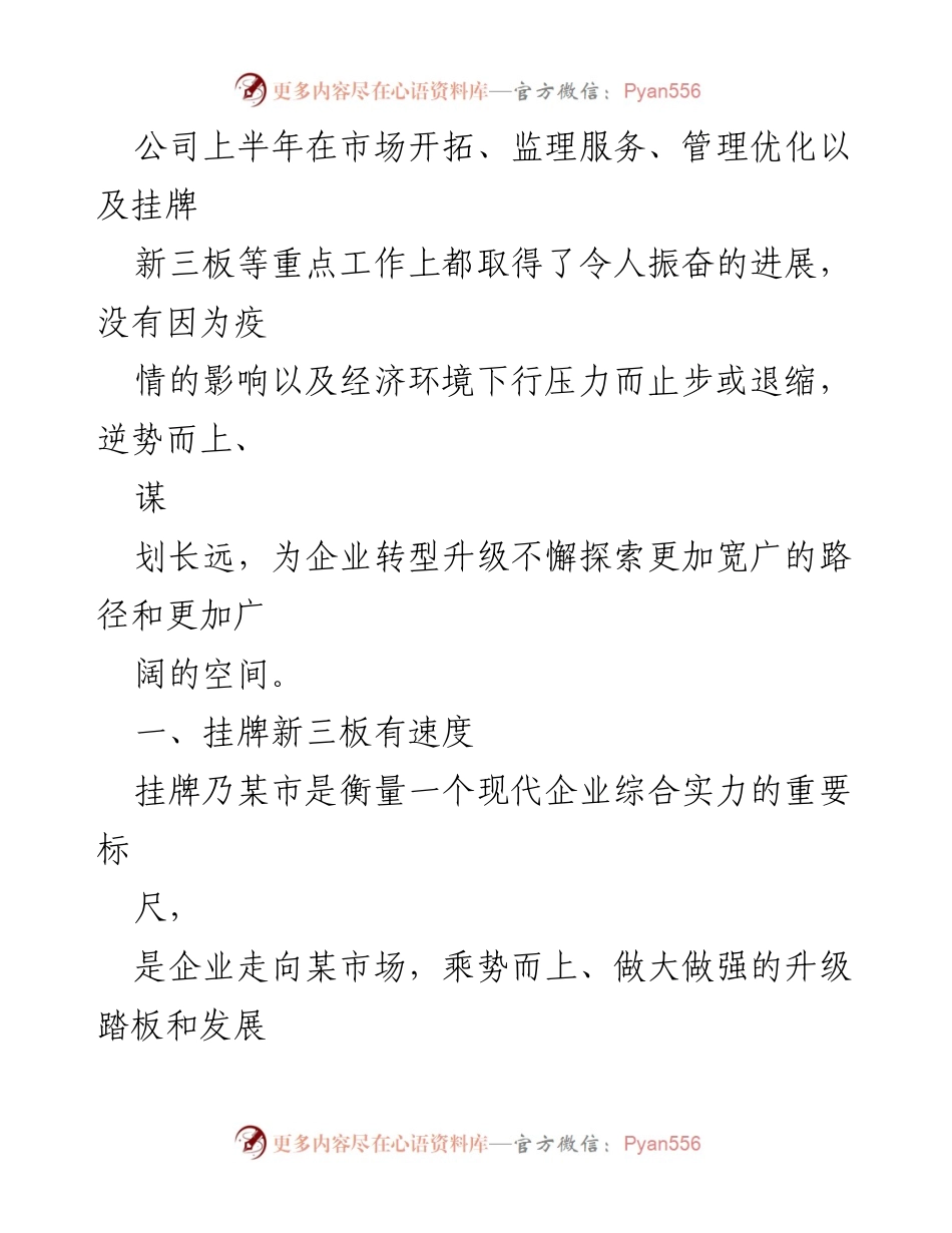 [工作总结] 上半年工作总结 - 上半年市场开拓与新三板挂牌进展总结.docx_第1页
