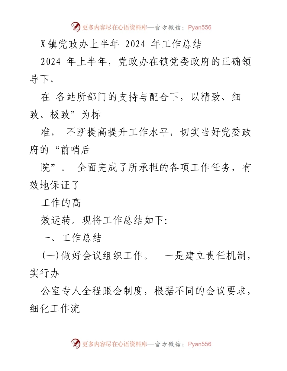 [工作总结] X镇党政办 - 2024年上半年工作总结报告.docx_第1页