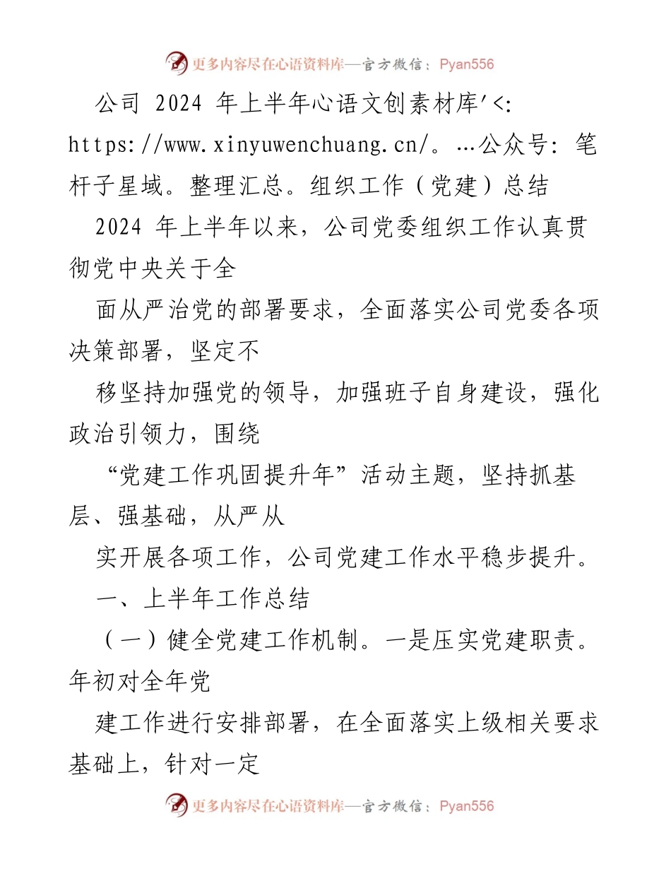 [工作总结] 2024年上半年 - 公司党建工作机制与组织建设总结.docx_第1页