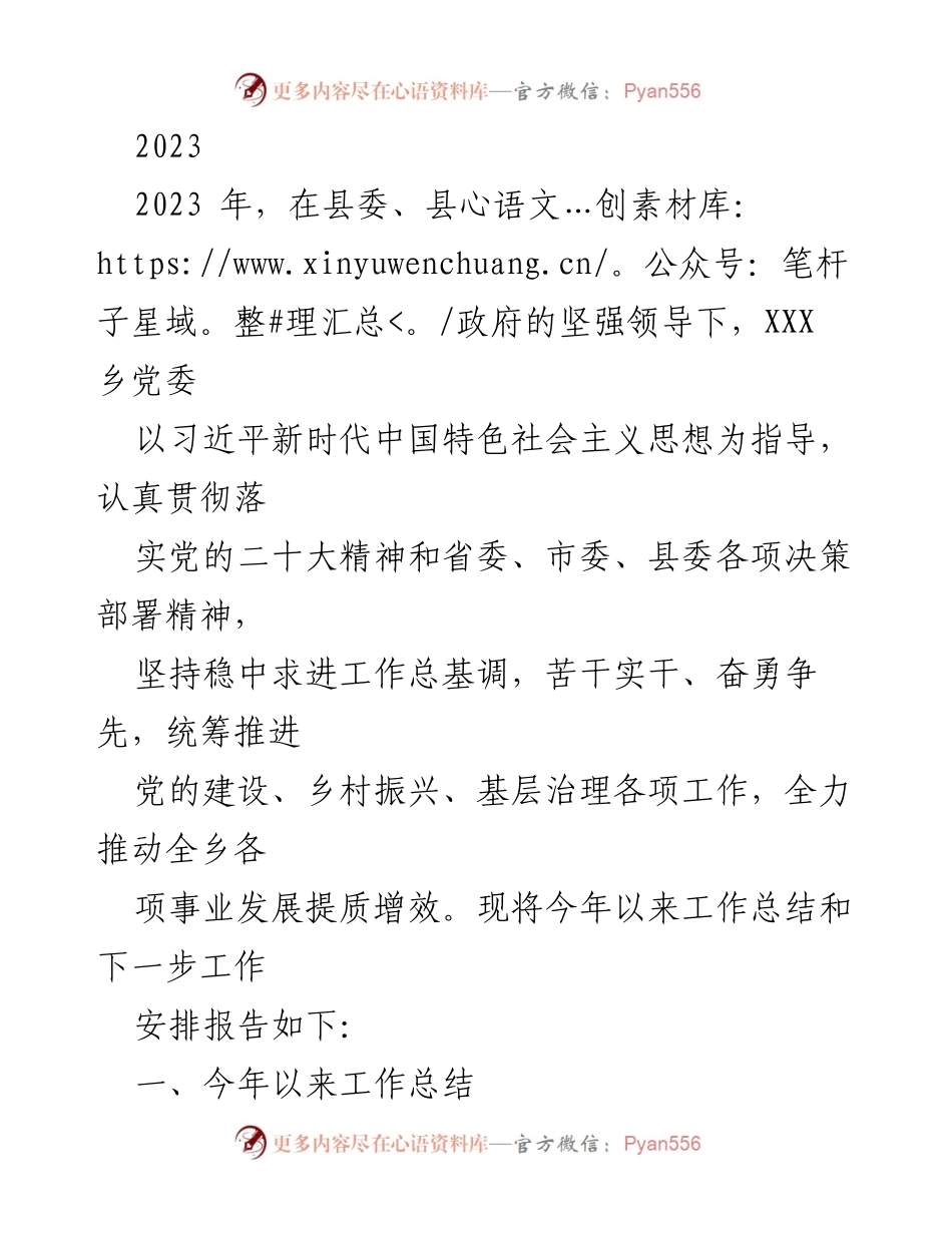[工作总结] 乡镇工作会议 - 2023年XXX乡工作总结与发展规划报告.docx_第1页