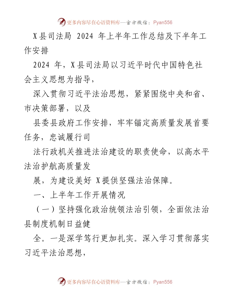 [工作总结] 2024年上半年 - X县司法局2024年上半年工作总结及下半年工作安排.docx_第1页