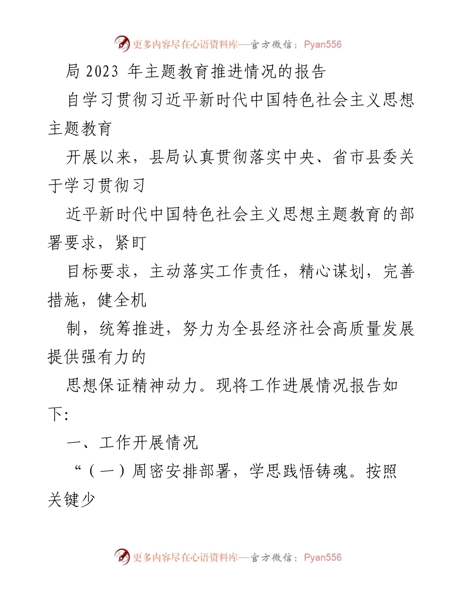[工作总结] 主题教育推进情况 - 2023年主题教育推进情况工作总结报告.docx_第1页